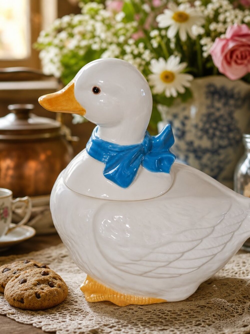 Vintage White Ceramic Duck Cookie Jar With A Blue Ribbon In EUC